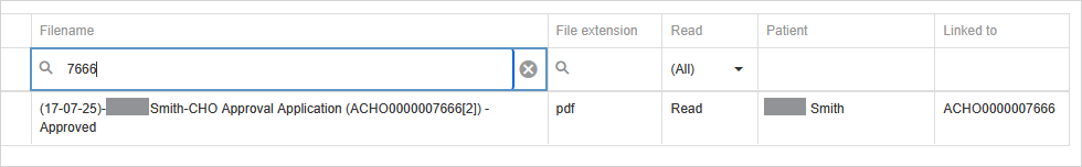 correspondence grid filtered by entering part of the approval number in the filename field filter