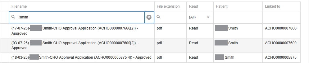 correspondence grid filtered by entering smith in the filename field filter
